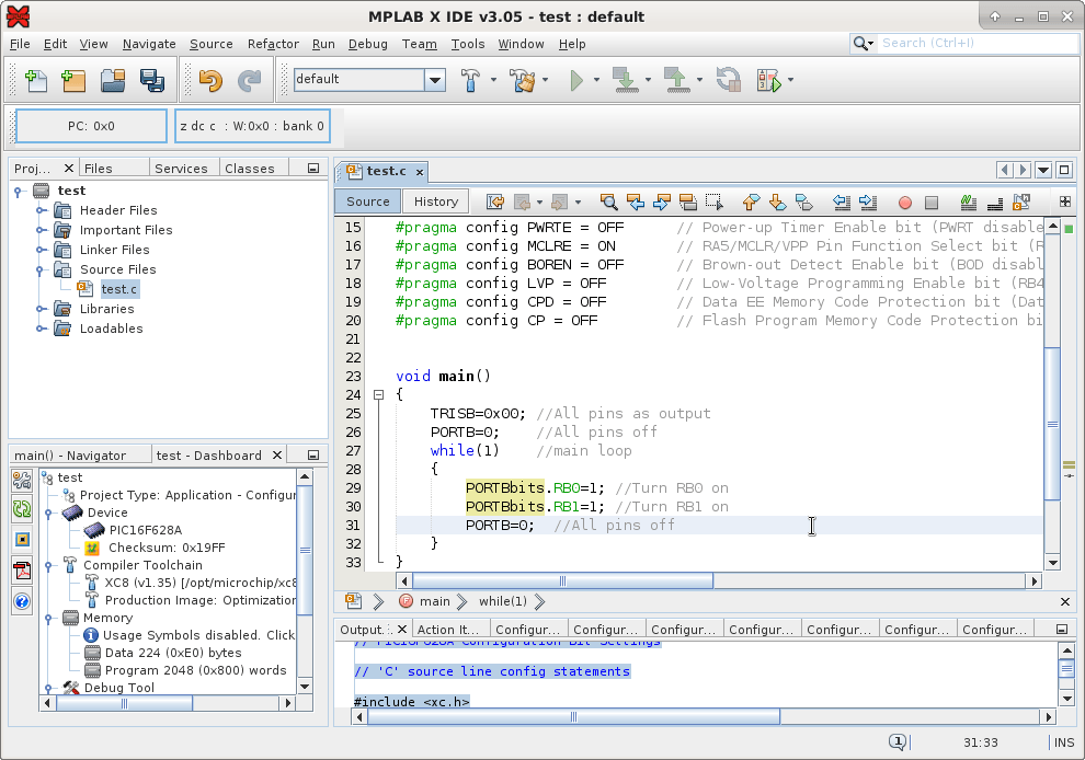 MPLAB X e XC8 no PICsimLab: project code