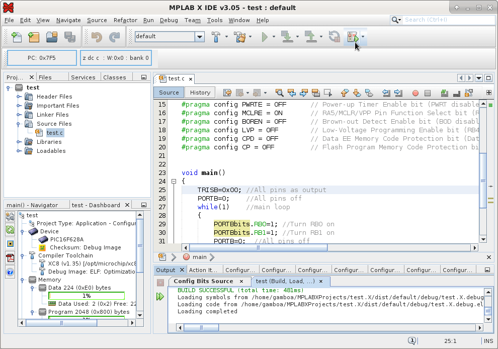 MPLAB X e XC8 no PICsimLab: project program