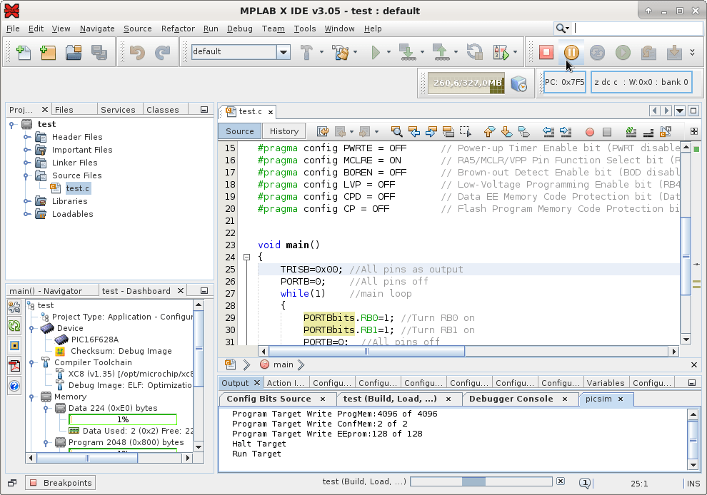 MPLAB X e XC8 no PICsimLab: project program pause
