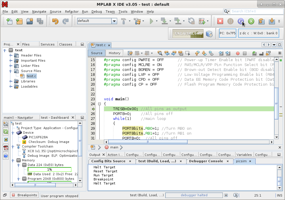 MPLAB X e XC8 no PICsimLab: project program reset