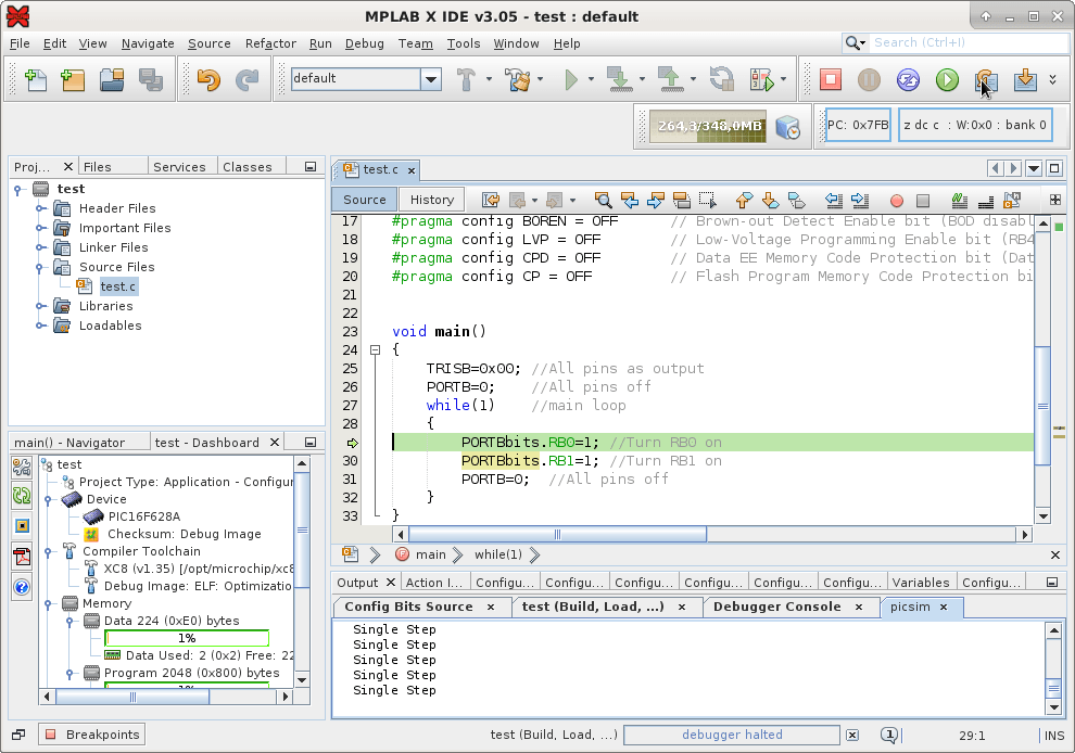MPLAB X e XC8 no PICsimLab: project program steps