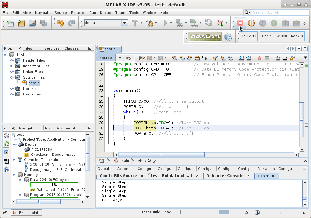 MPLAB X e XC8 no PICsimLab: stop debugger