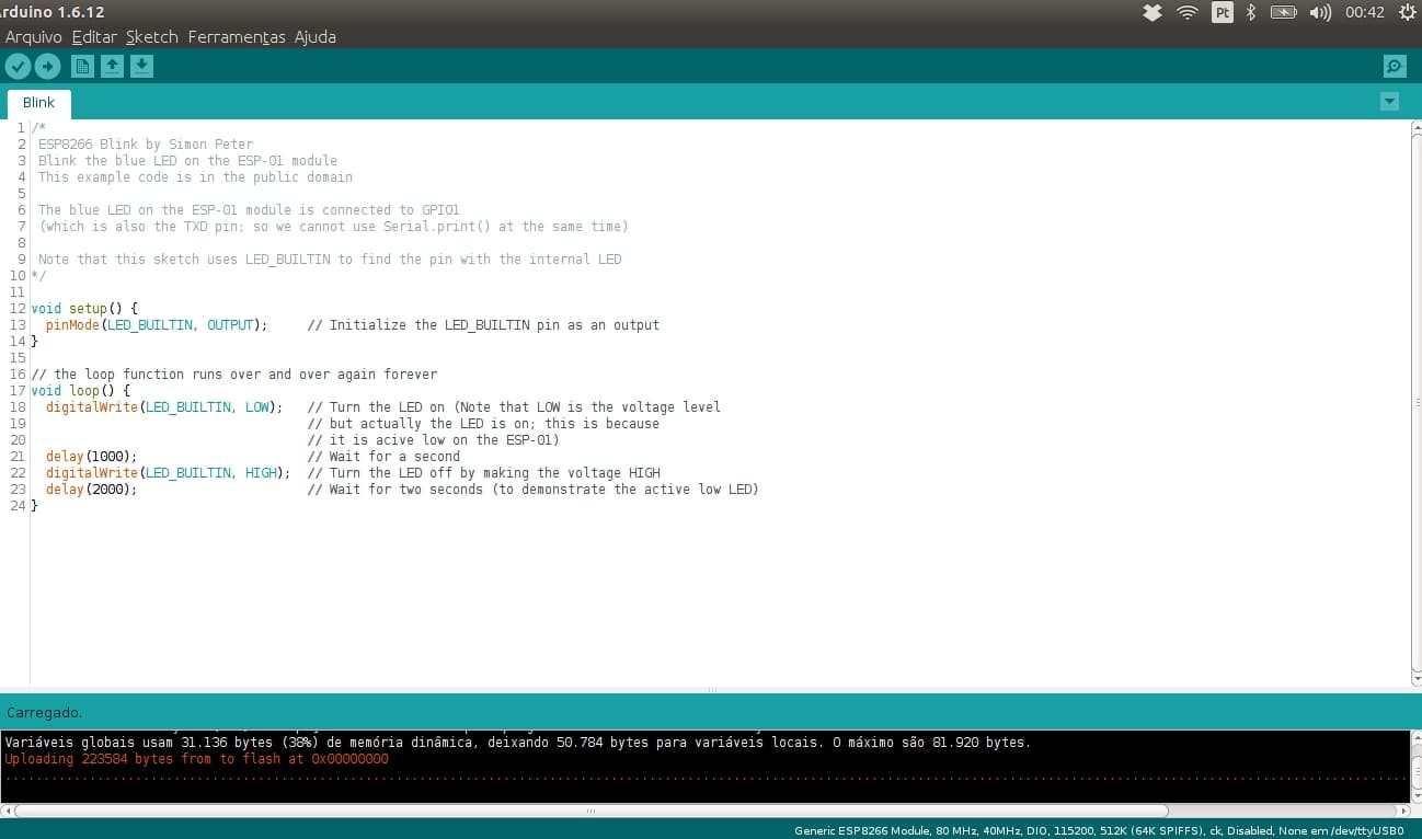 IDE Arduino fazendo o upload de firmware do ESP-01