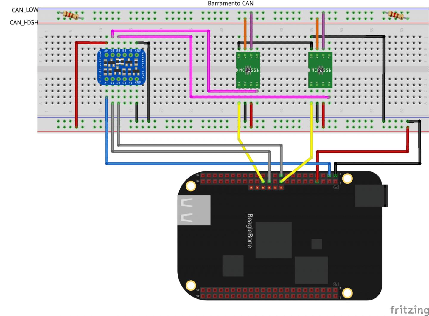 Circuito Completo – Beaglebone e rede CAN CAN com BeagleBone