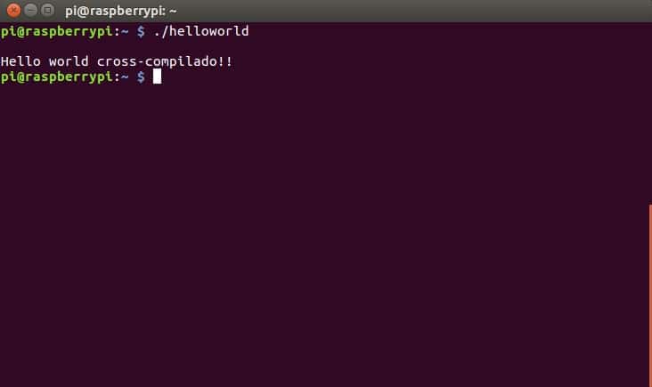 Cross-compiling na Raspberry Pi: saída do programa cross-compilado, rodando na Raspiberry Pi.