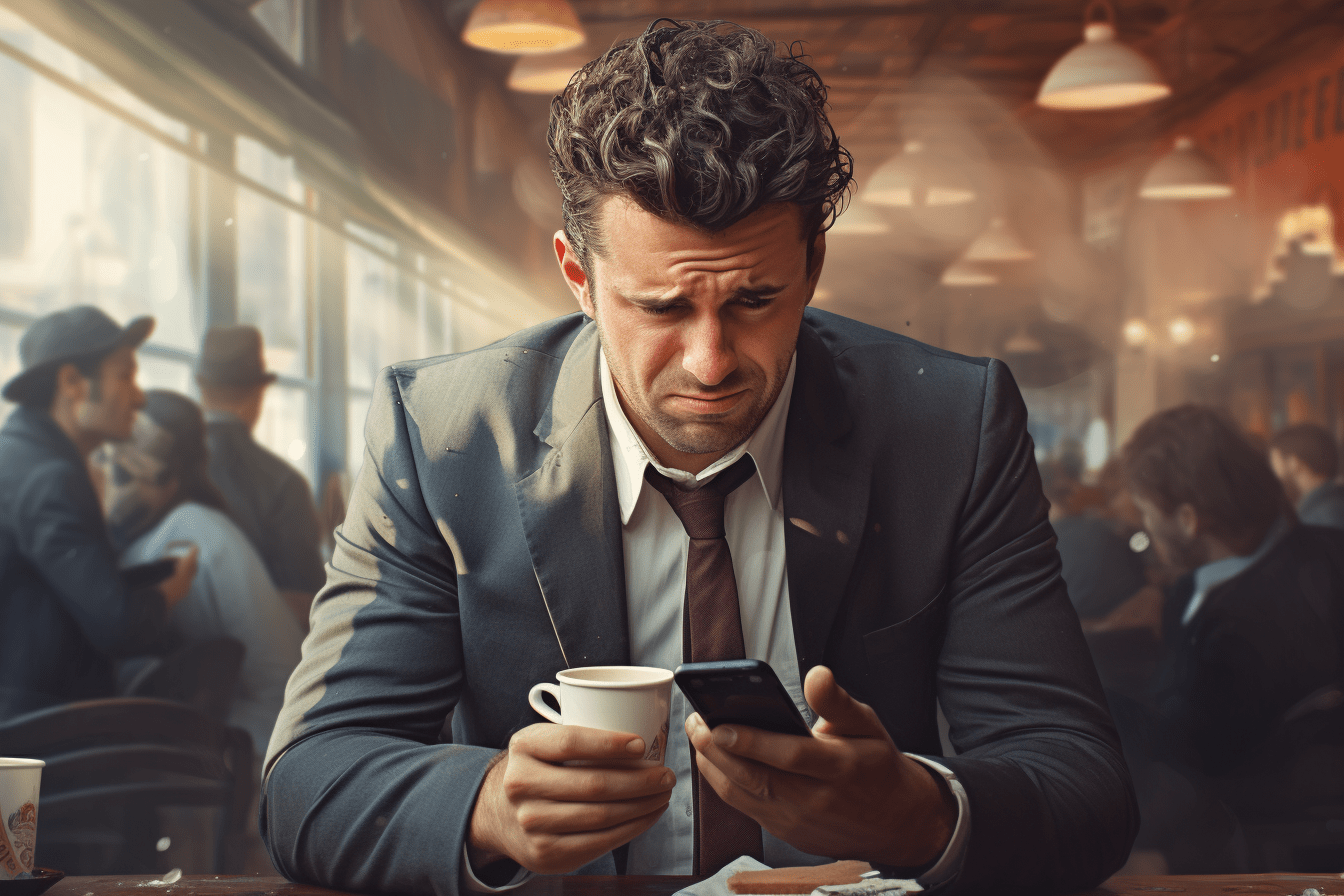 A man in a suit discussing Crucial Web Design Mistakes for Ecommerce at a table with a cup of coffee.