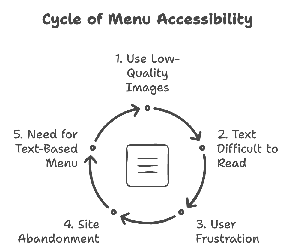 Why You Should Avoid Using Images or PDFs for Your Restaurant Menu Online Diagram titled "Cycle of Menu Accessibility" with five circular steps: 1. Use Low-Quality Photos, 2. Text Difficult to Read, 3. User Frustration, 4. Site Abandonment, 5. Need for Text-Based Menu to improve SEO on restaurant websites and avoid reliance on PDF menus.