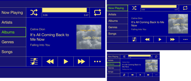 Different screen sizes: left - 800x600 (4:3), top right - 640x386 (5:3), bottom right - 400x225 (16:9)