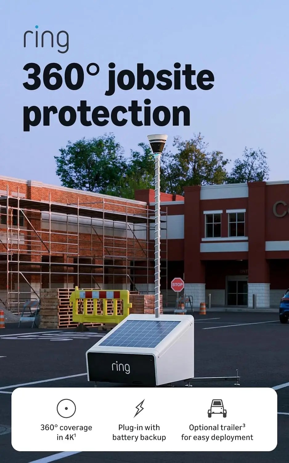 Ring Mobile Security Tower – Plug-In Jobsite Security with Elite 360° Retinal 4K Camera, LTE/Wi-Fi & Battery Backup