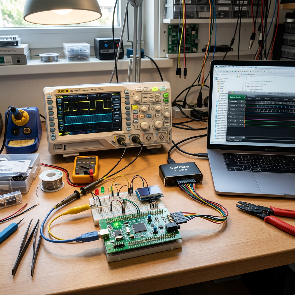 Electronics workbench with oscilloscope displaying signals, microcontroller board connected to laptop, and various tools.