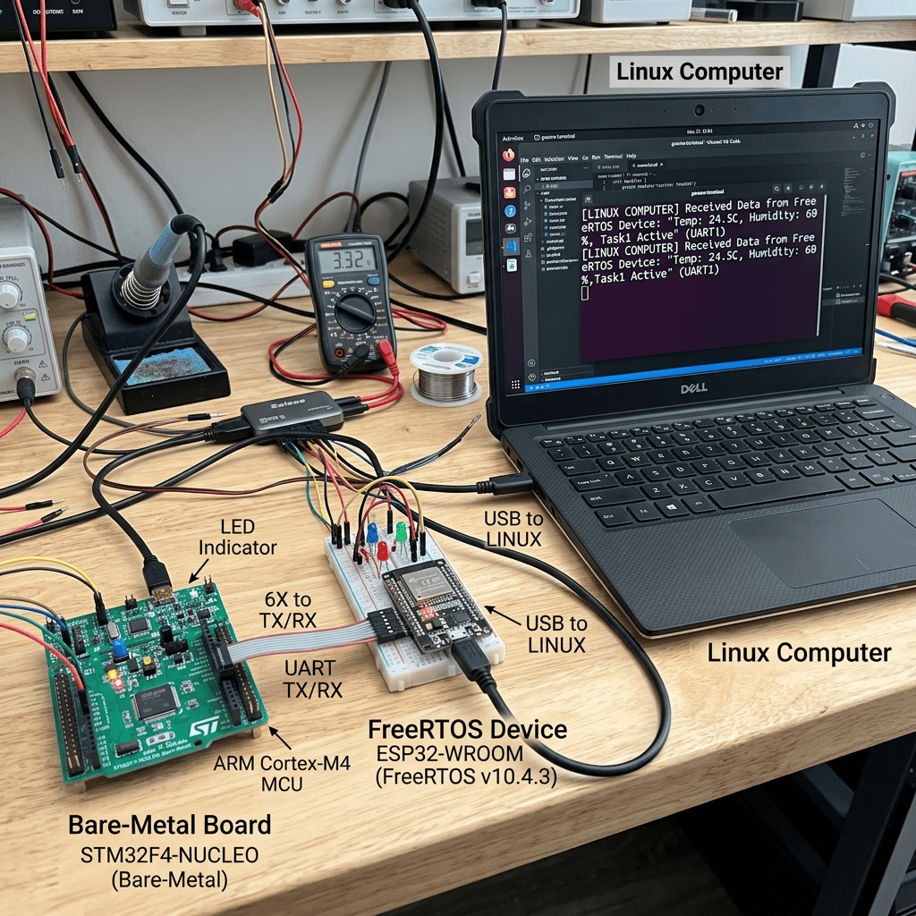Annotated STM32 and ESP32 FreeRTOS boards connected to Linux laptop