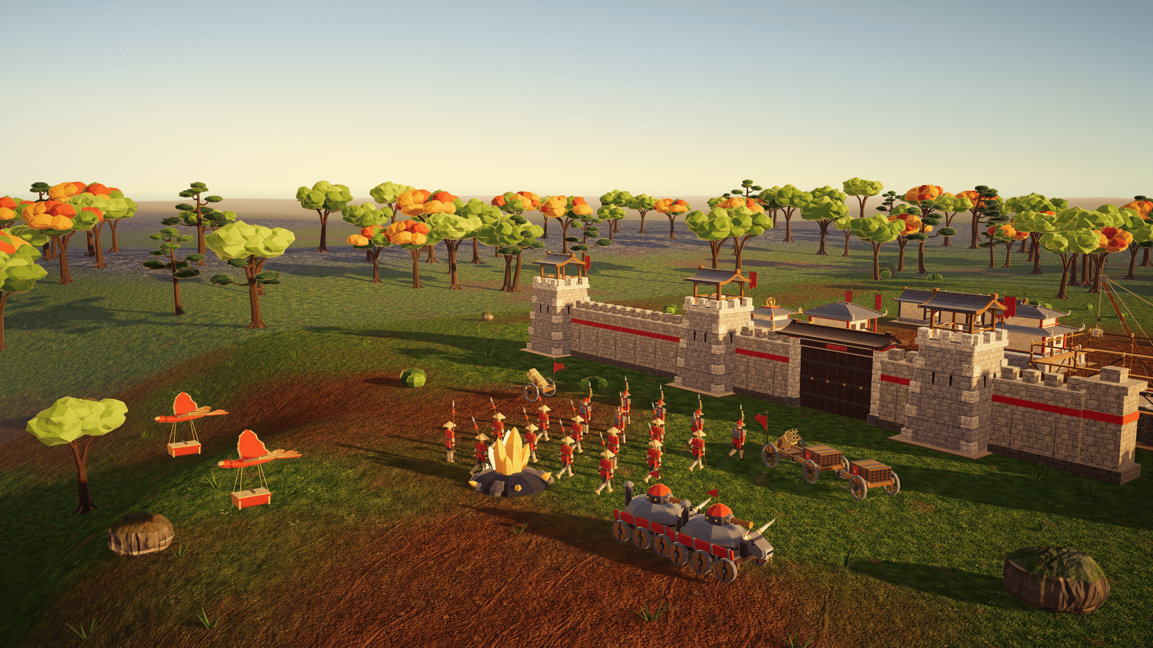 A red army and armoured vehicles gather outside an eastern-inspired stone stronghold