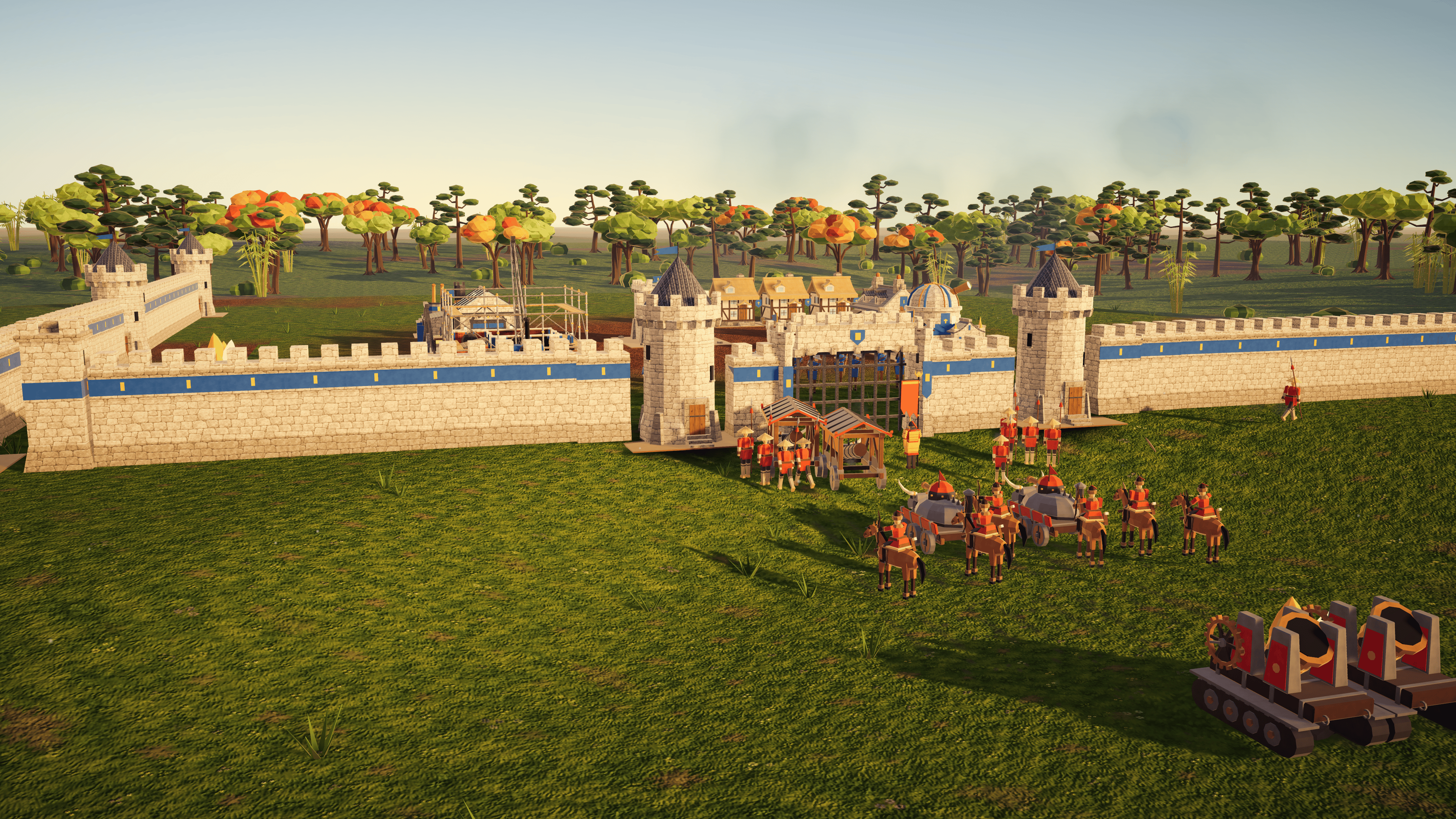 Red infantry, cavalry and siege engines assemble outside a blue stone fortress at sunset