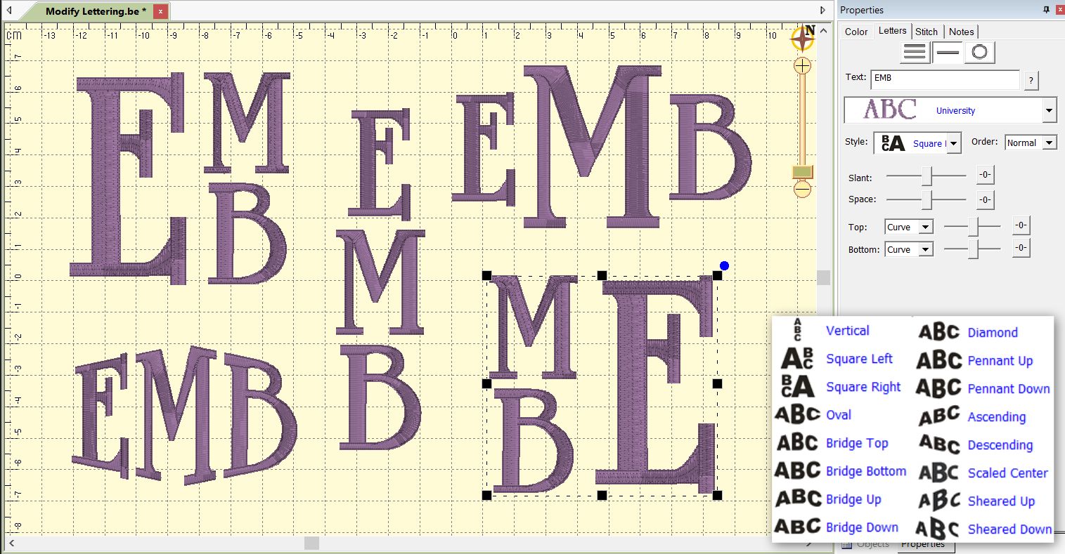 Shows multiple single-click text and monogram modifications you can do with Embrilliance Essentials