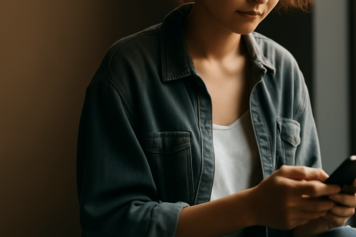 Close-up of a woman looking at the smartphone in her hands.