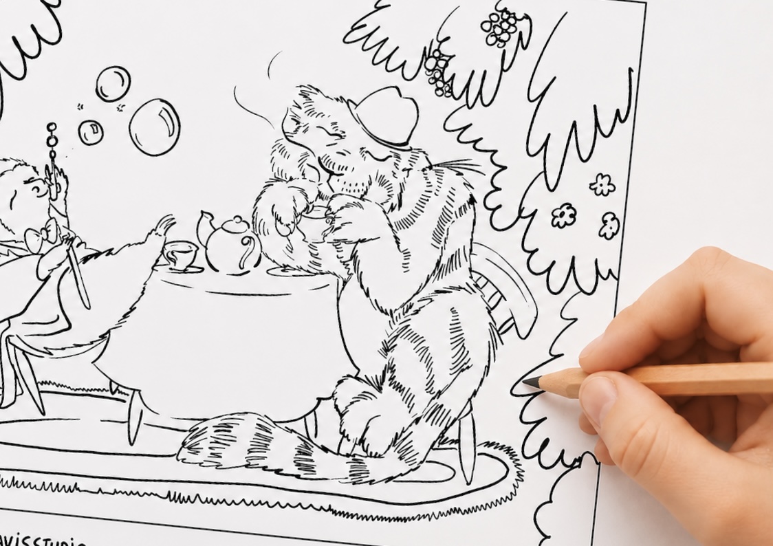Colouring Activity — Tiger and Sloth Tea Party
