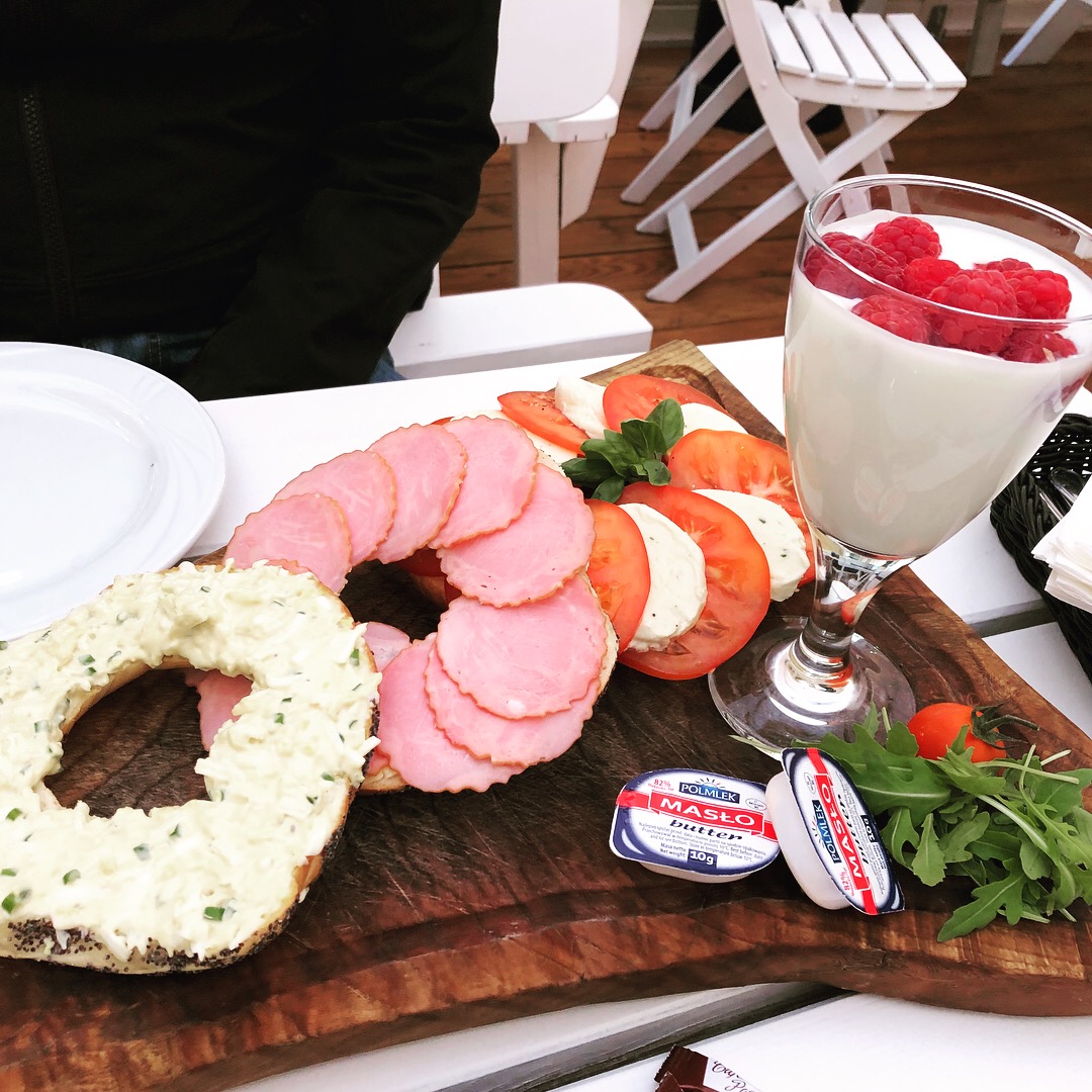Krakow bagels with egg salad, sausage and tomato and mozzarella