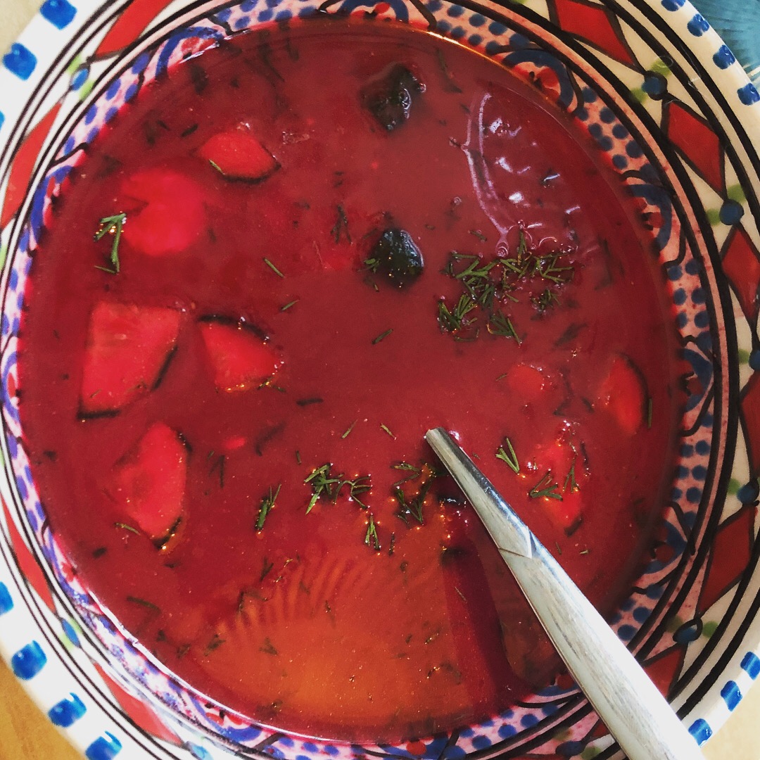 Borscht with salted cucumber