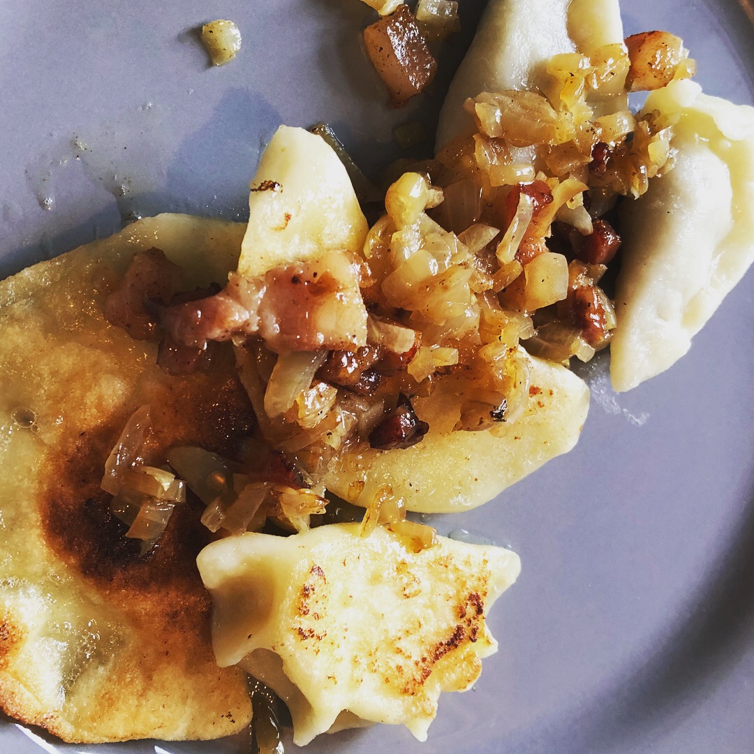 Our finished pierogi with bacon and onion...plate #1