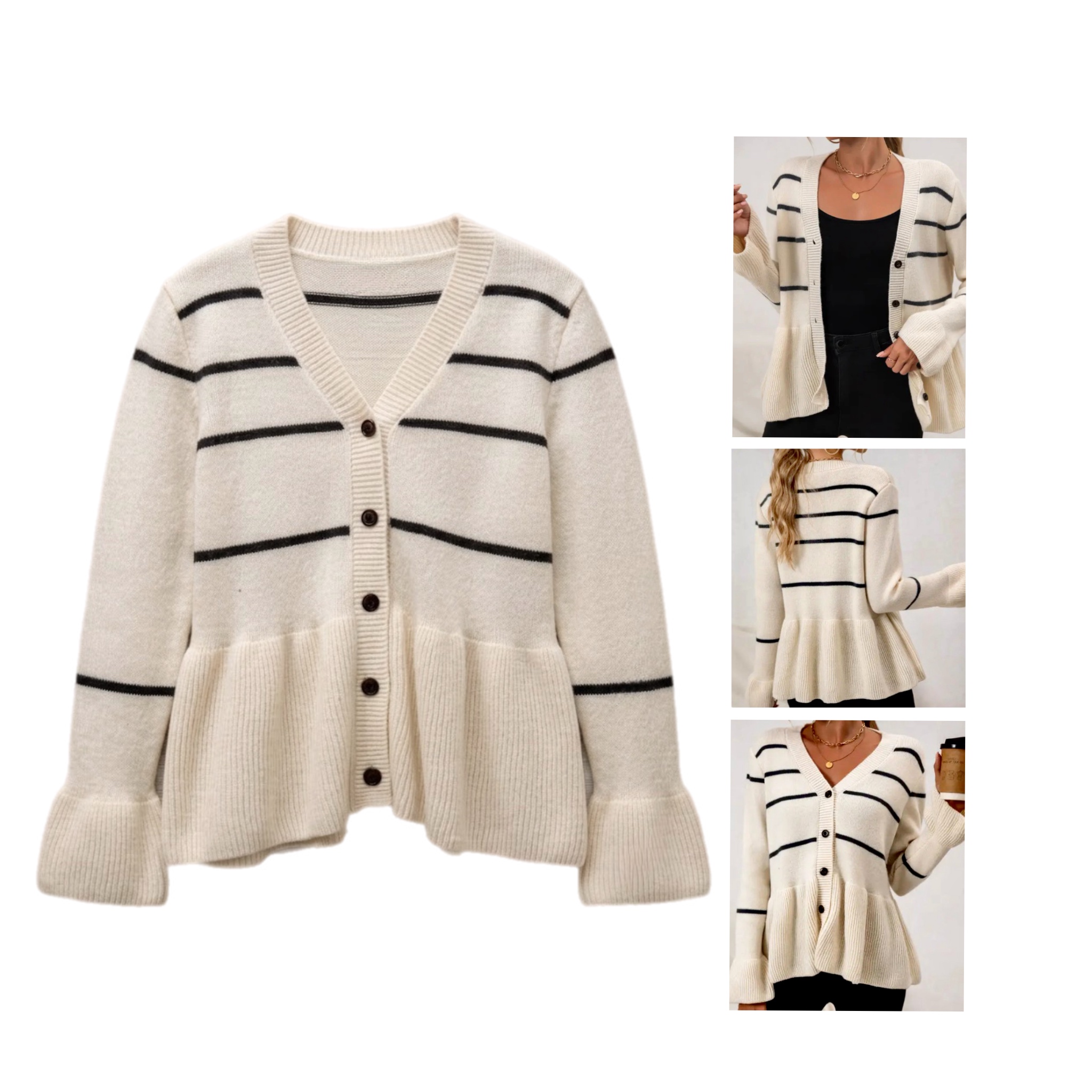 Flared Hem Striped Ribbed Cardigan, Ivory/Black