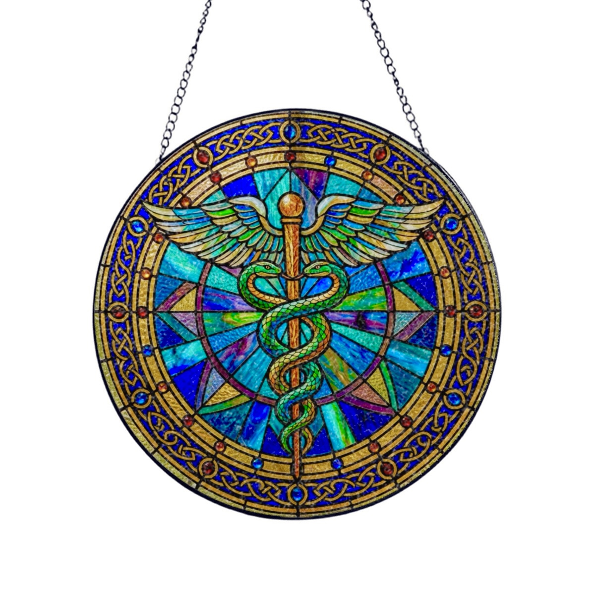 Caduceus 8” Glass and Metal Round Suncatcher