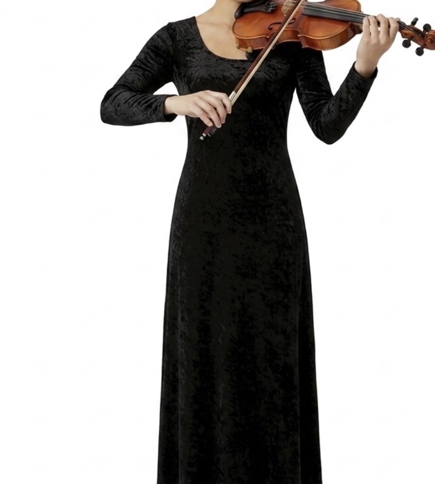 Women’s Long Sleeve Full Length Panné Velvet Concert Dress: Black