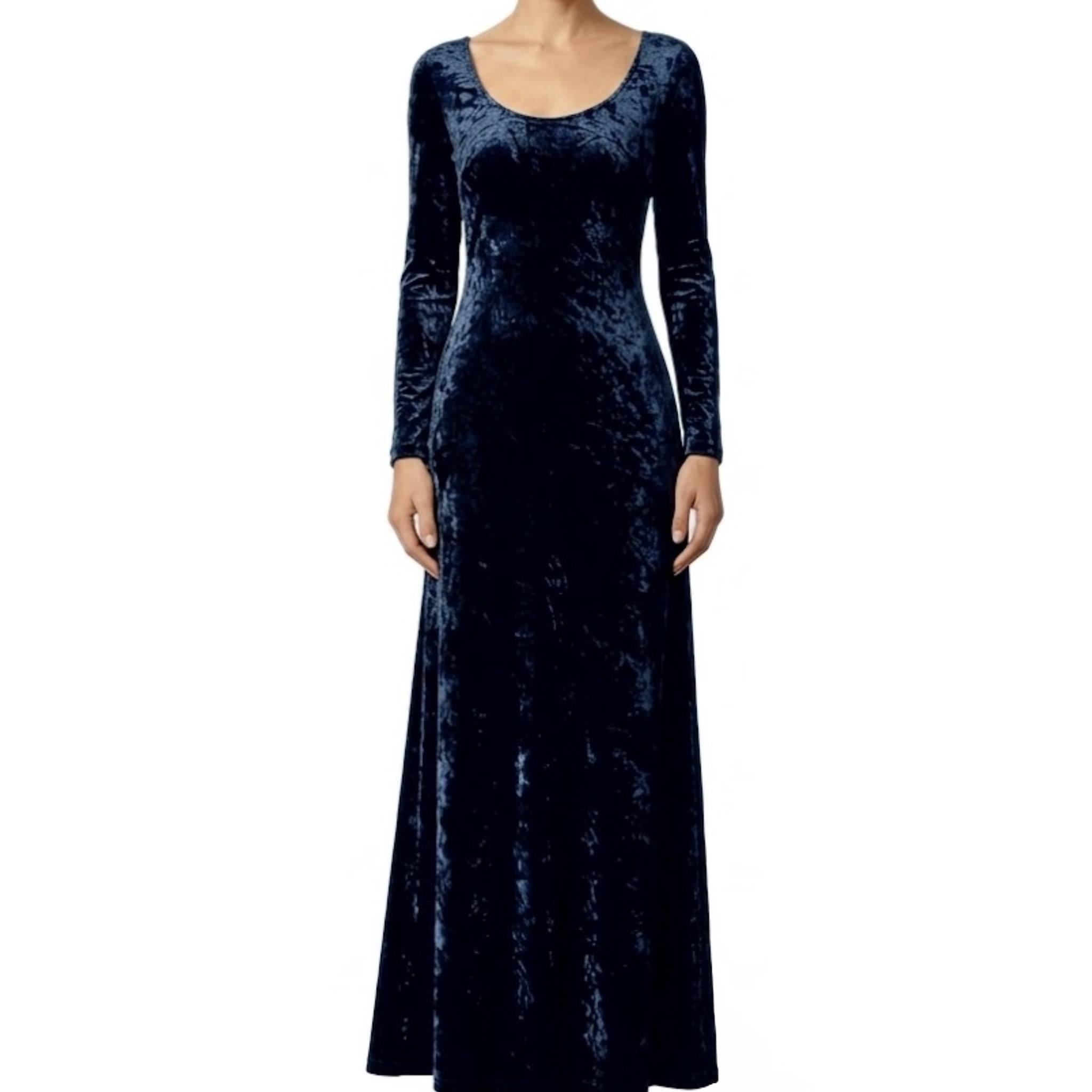 Women’s Long Sleeve Full Length Panné Velvet Concert Dress: Dark Navy Blue