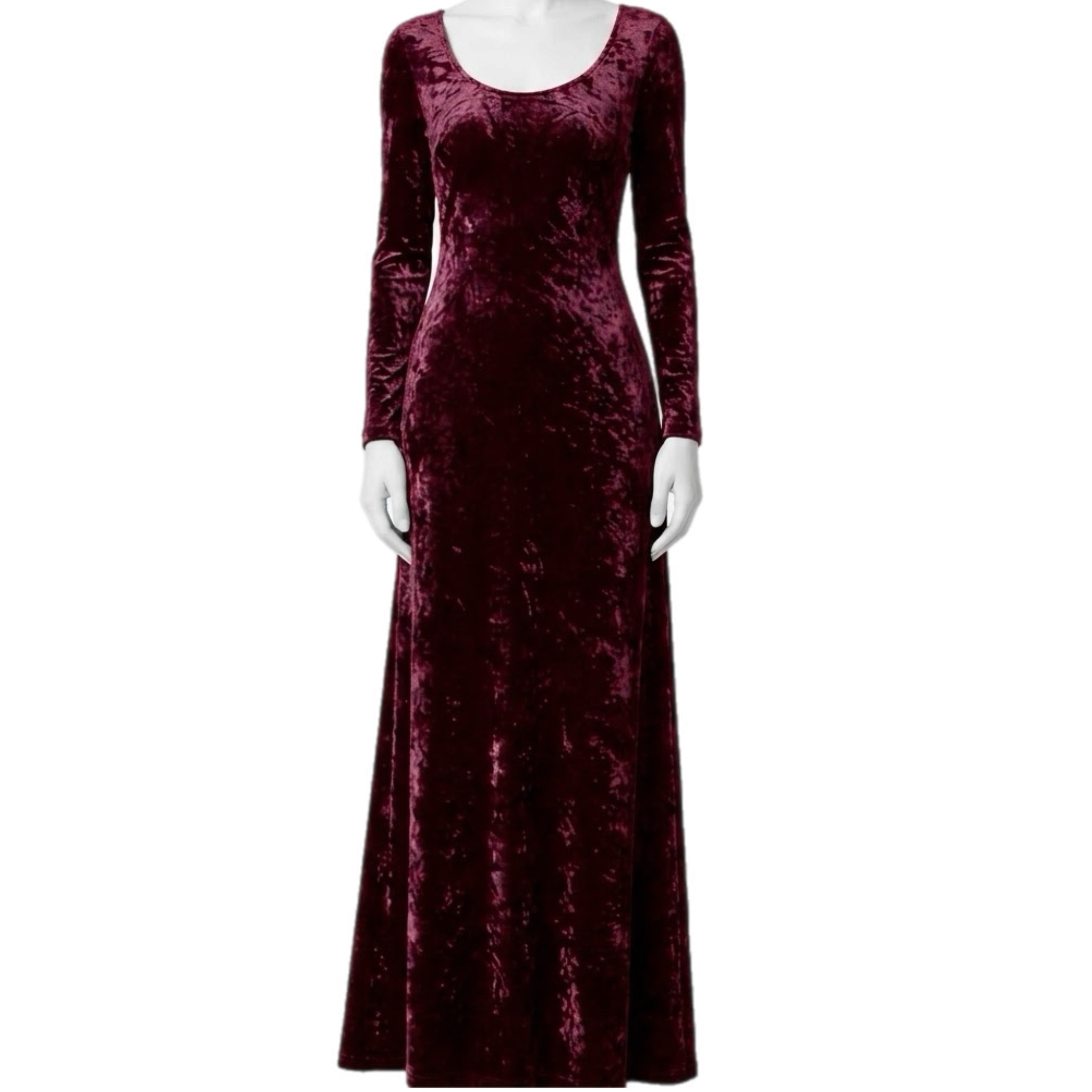 Women’s Long Sleeve Full Length Panné Velvet Concert Dress: Burgundy
