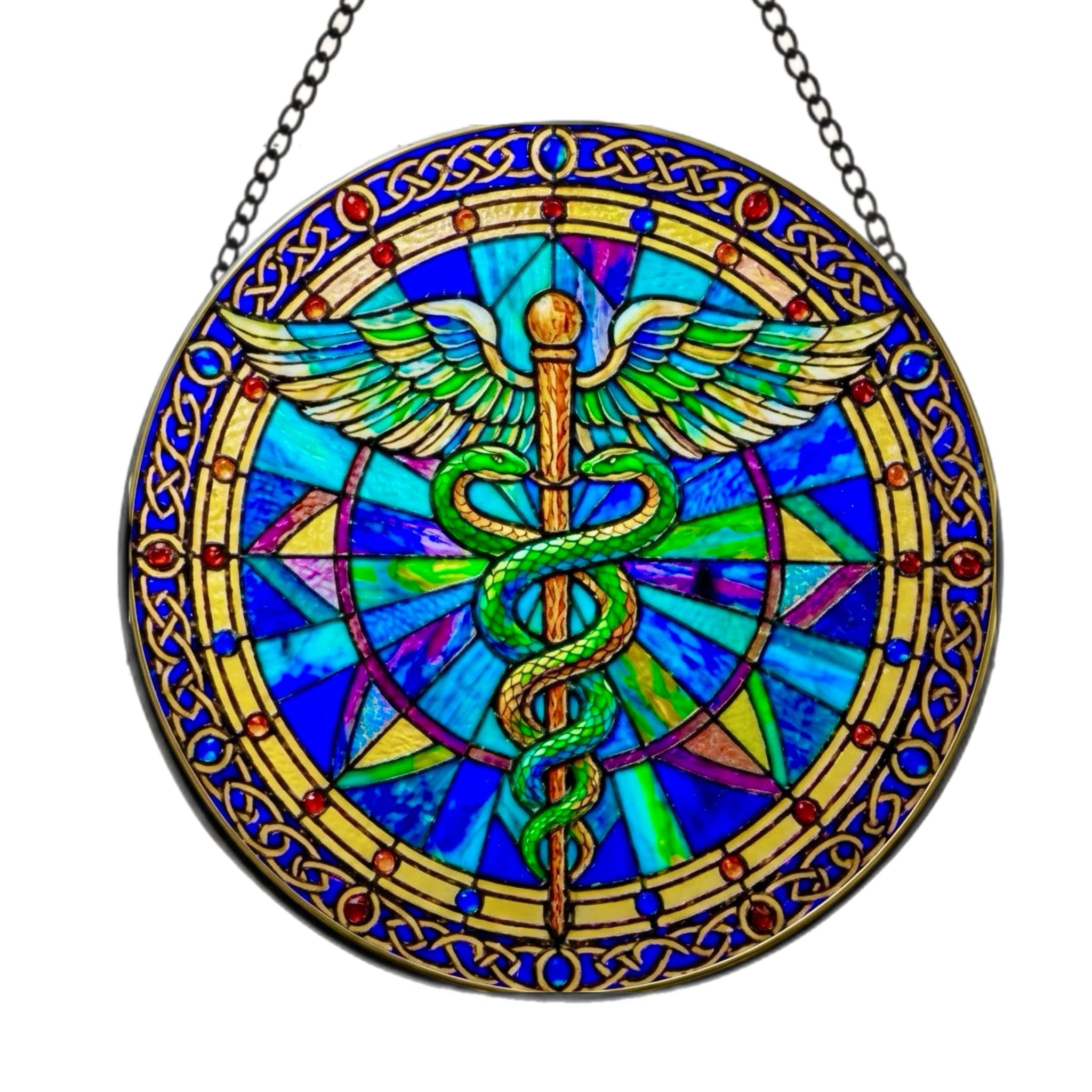 Caduceus 7.8” Round Stained Glass Suncatcher