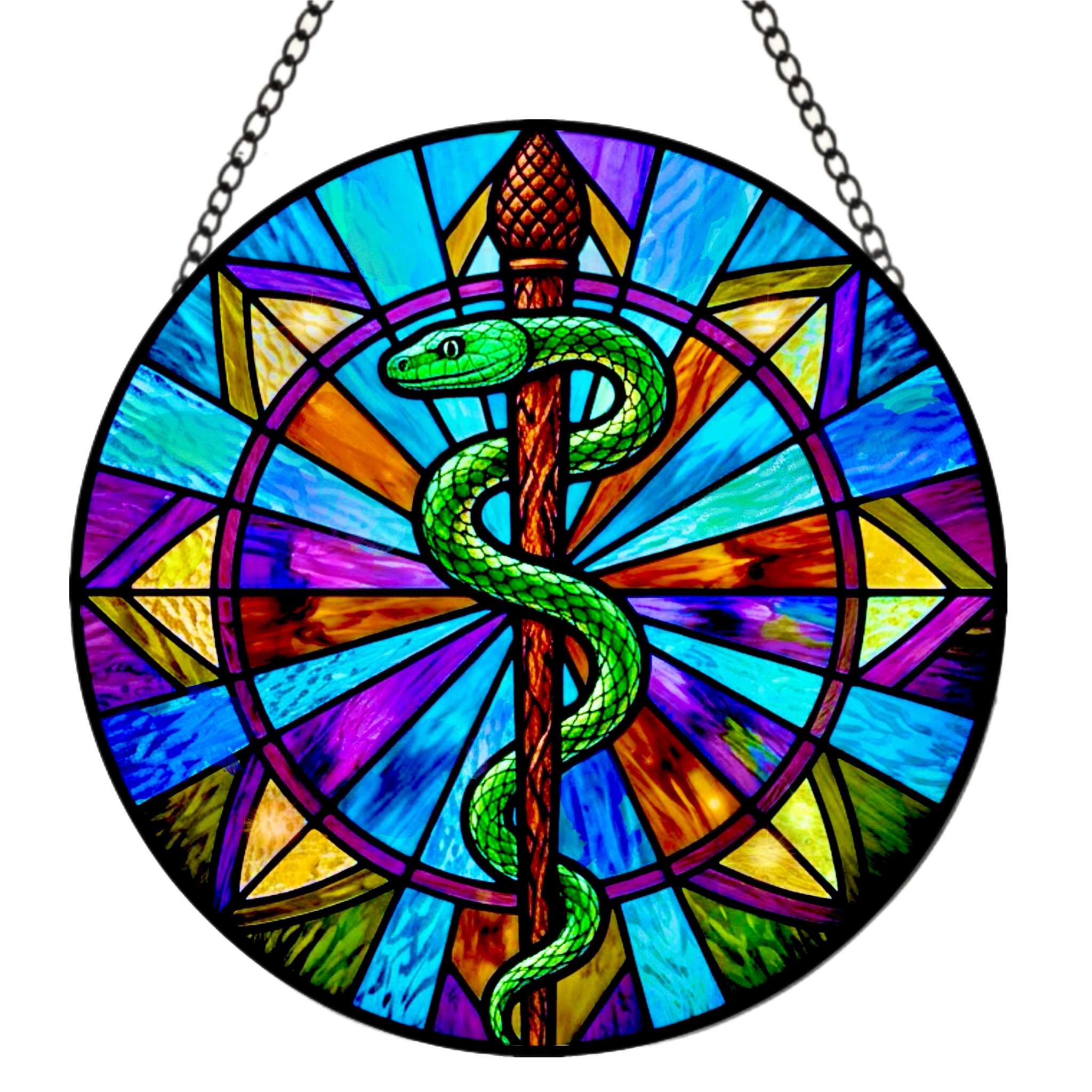 Rod of Asclepius 7.8” Round Stained Glass Suncatcher