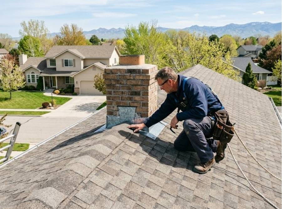 Professional roofing contractor inspecting chimney flashing on a suburban home in Nampa, Idaho during spring.