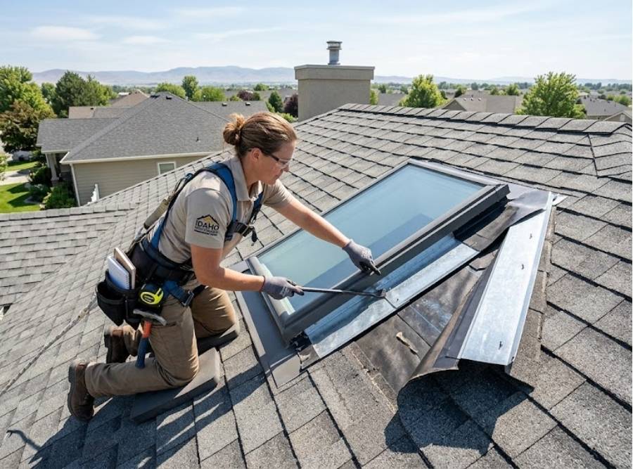 Professional roofing contractor inspecting skylight flashing on a residential asphalt shingle roof in Nampa, Idaho.