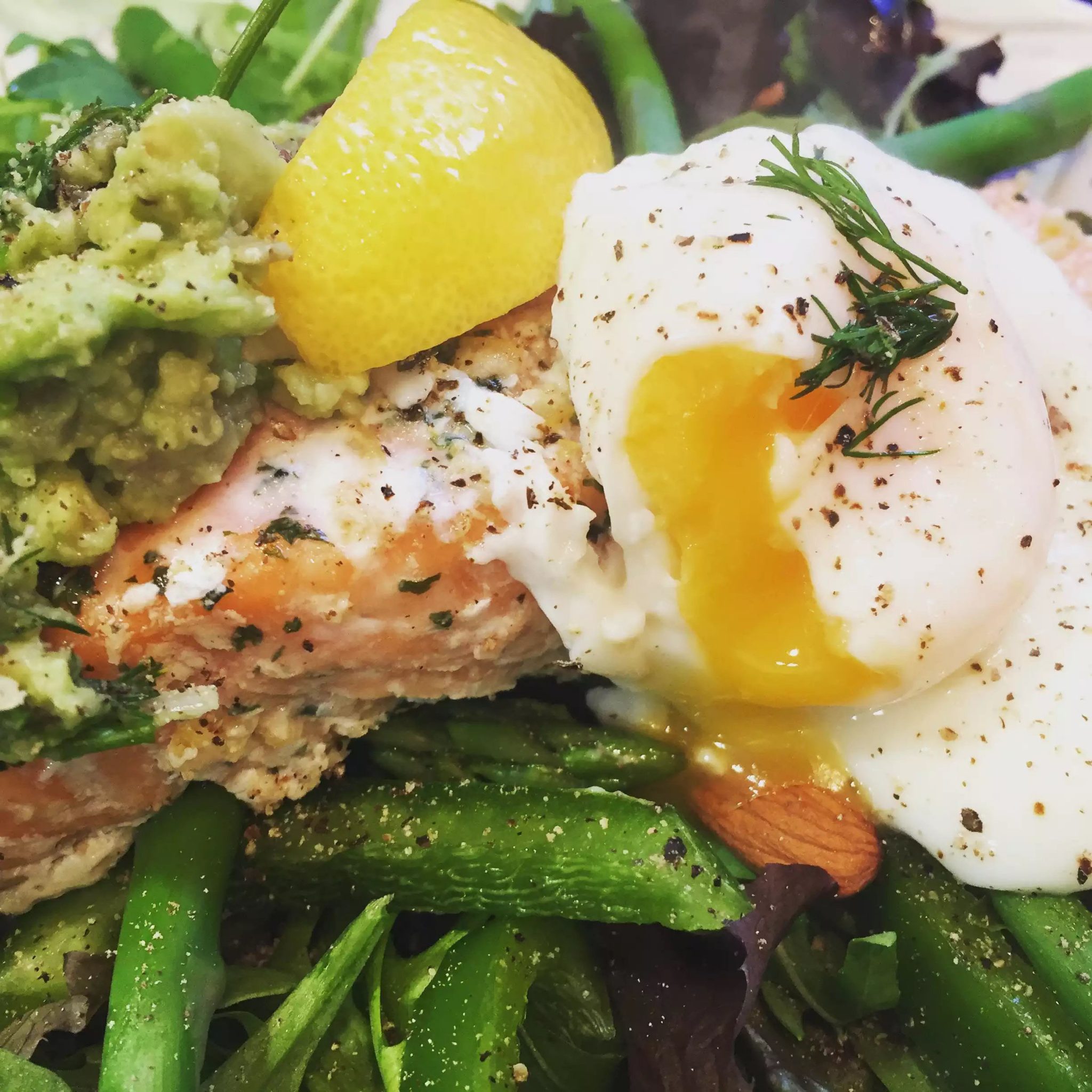 Salmon Nicoise Salad Poached Egg Dill Asparagus Almonds Olives Avocado Salsa