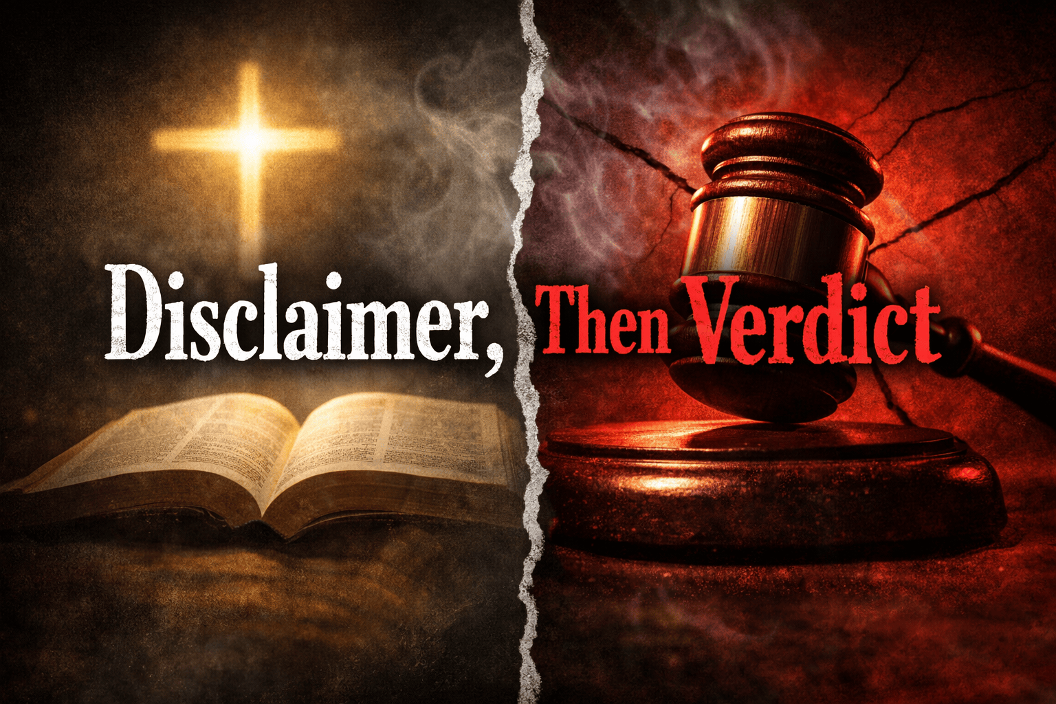 Spiritual manipulation disguised as love showing a cross and Bible contrasted with a judge’s gavel and the words disclaimer then verdict