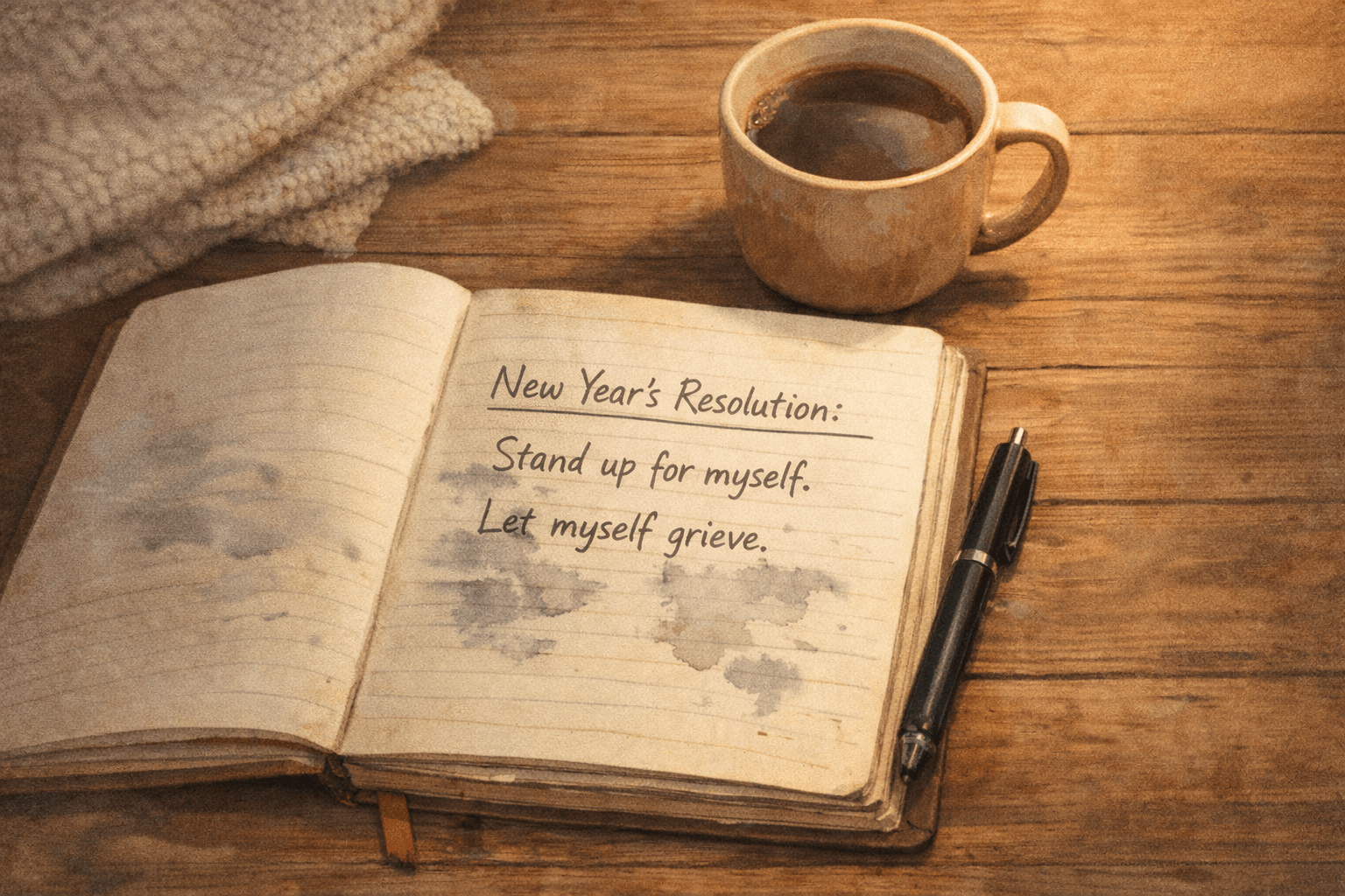 Open journal with New Year’s resolution written about standing up for oneself and learning to grieve, symbolizing emotional healing and self-growth