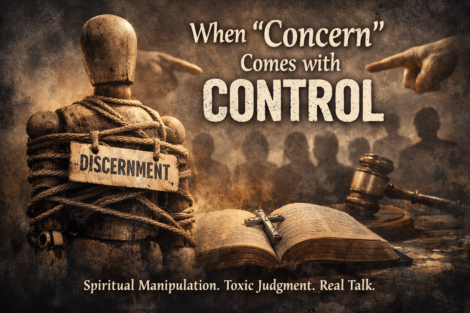 When concern becomes control illustration showing spiritual manipulation, discernment label, Bible, and gavel symbolizing toxic religious judgment