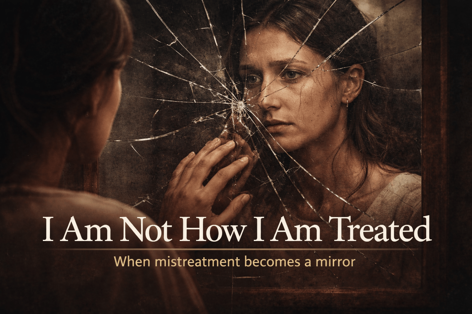 Woman looking into a cracked mirror symbolizing internalized shame and mistreatment not defining identity.