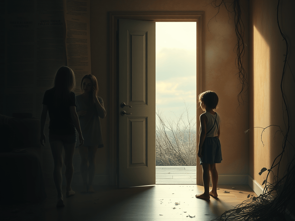 Child standing in doorway symbolizing freedom feeling unfamiliar after leaving a controlling family