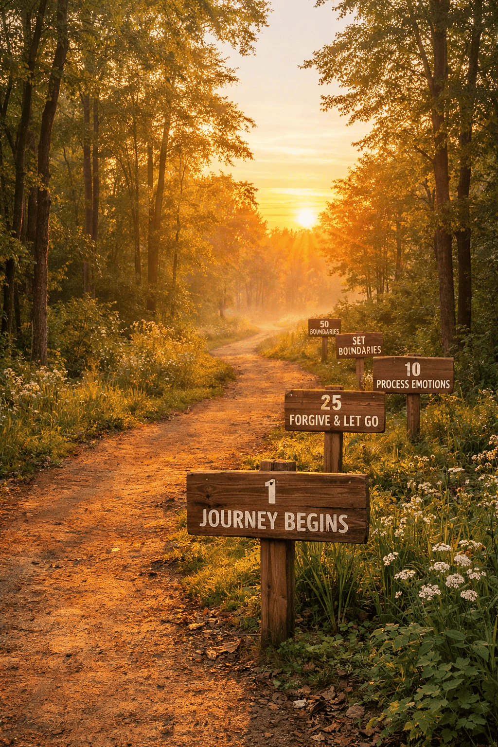 Healing journey path with milestone markers representing emotional and spiritual healing over time