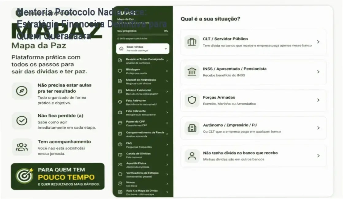 Mentoria Protocolo Nadia Pace + bastidores: método financeiro, estratégia de negociação e suporte ao vivo com Nádia.