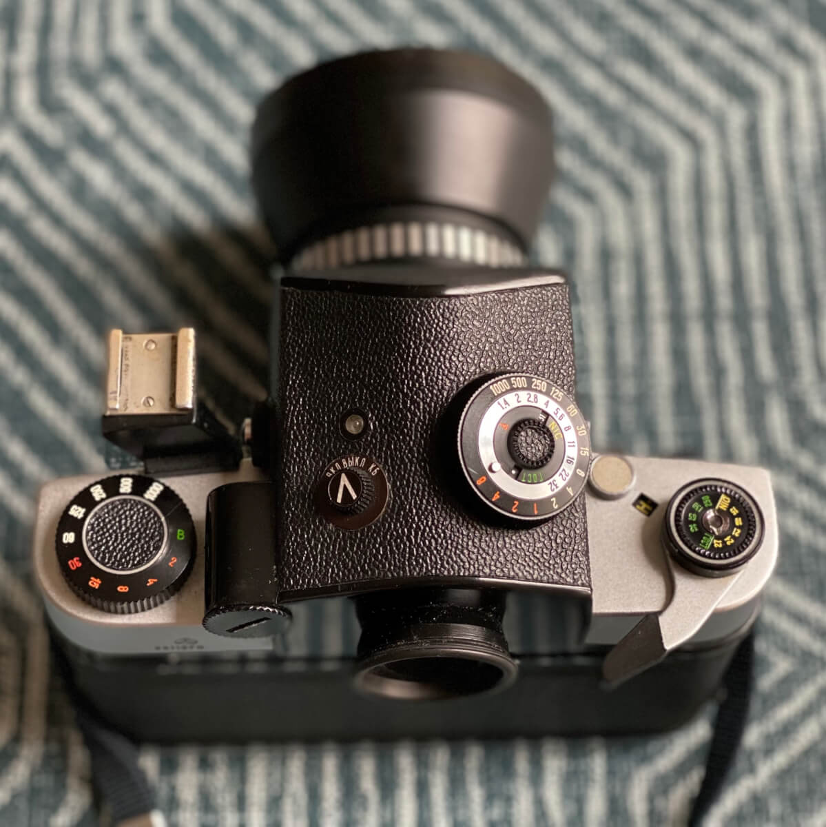 Top panel view with shutter speed, cold shoe, prism meter controls (uncoupled), and winder.