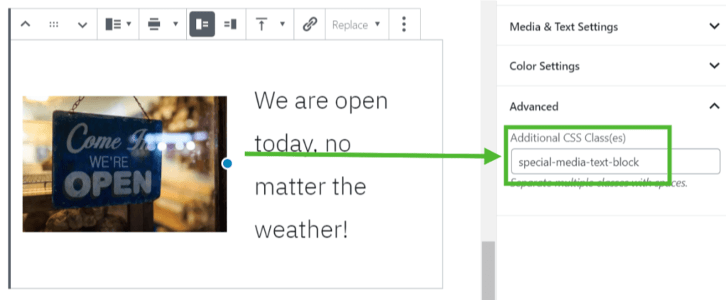 · select the block in the editor that you would like to add your own css class . Adding Additional Css Classes To Blocks Wordpress Com Support