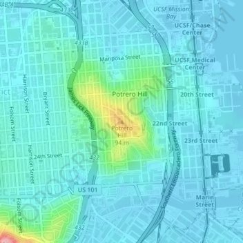 Potrero Hill Topographic Map Elevation Terrain Thumbnail 