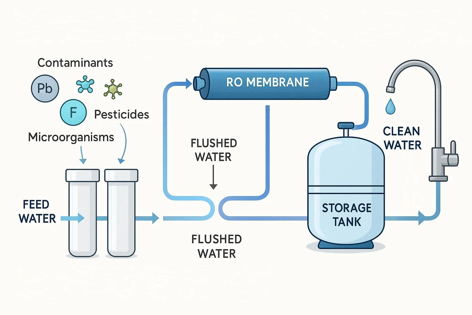Illustration of a reverse osmosis system showing feed water, removed contaminants, RO membrane, storage tank, and clean water faucet.