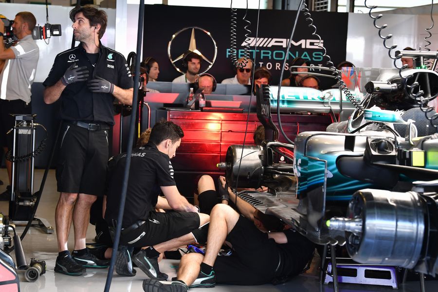 Mercedes W08 Hybrid Is Worked On In The Garage Formula 1