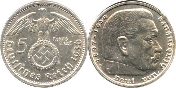 5 Reichsmark 1938 J Paul Von Hindenburg Third Reich 1933 1945 Germany Coin 11112 