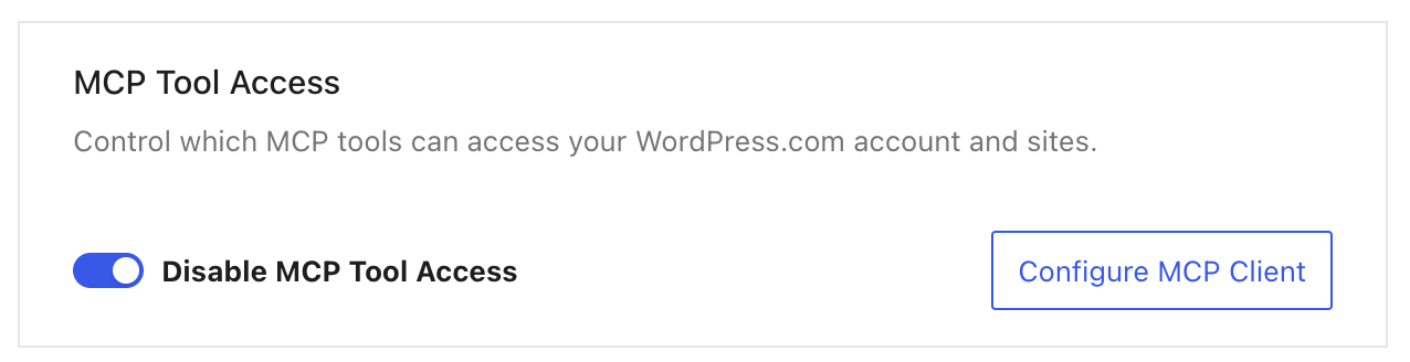 WordPress.com MCP 접근 활성화 화면