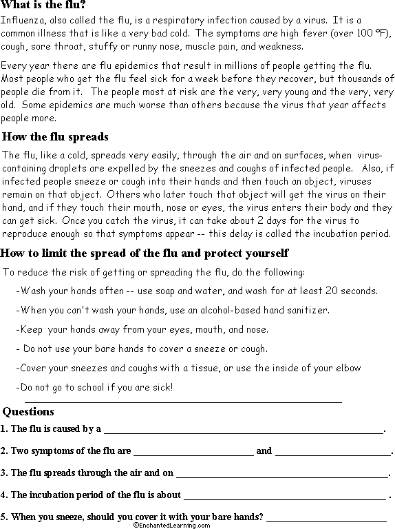 As soon as one person has it, it seems everyone is coming down with it. Flu And Cold Virus Read And Answer Worksheet Enchantedlearning Com