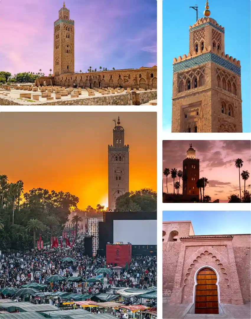 Koutoubia mosque in different shots with sunset and blue sky