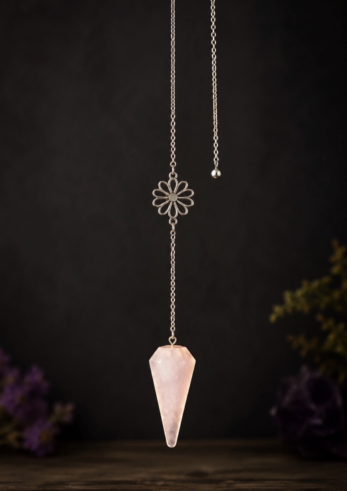 Handcrafted Rose Quartz Pendulum with Silver Chain and Flower Charm